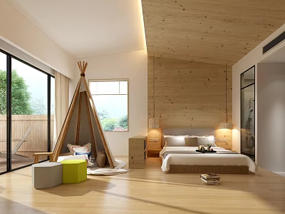Hotel Guest Room Featuring Wooden Wall Large Windows Teepee And Cozy Bed 3d model