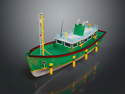 Green And White Model Boat With Yellow Buoys Ladder And Deck Details 3d model