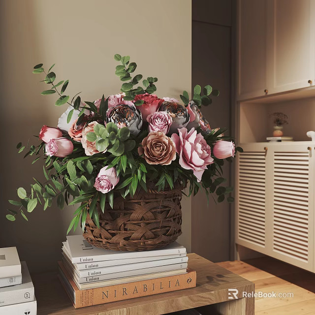 Delicate Flower Arrangement with Pink Roses Eucalyptus in Woven Basket on Stack of Books 3d model 