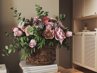 Delicate Flower Arrangement with Pink Roses Eucalyptus in Woven Basket on Stack of Books 3d model