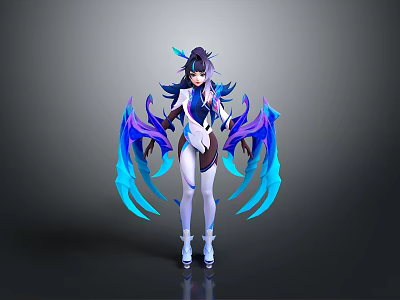 Anime Female Character With Blue And Purple Wings White Dark Outfit Long Hair High Heels 3d model