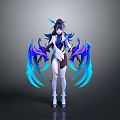 Anime Female Character With Blue And Purple Wings White Dark Outfit Long Hair High Heels