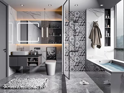 Elegant Bathroom Interior With Marble Accents Glass Shower Partition Vanity Bathtub And Zebra Print Rug 3d model