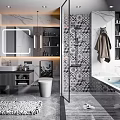 Elegant Bathroom Interior With Marble Accents Glass Shower Partition Vanity Bathtub And Zebra Print Rug