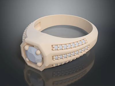 Elegant Cream Colored Ring Featuring Faceted Central Gemstone And Decorative Side Stones 3d model