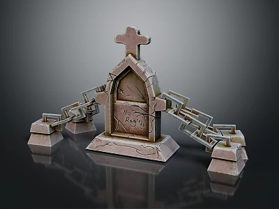 Detailed Stone Monument Structure Featuring Cross Arch Design Carved Inscription And Linked Chains 3d model