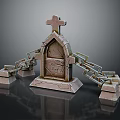 Detailed Stone Monument Structure Featuring Cross Arch Design Carved Inscription And Linked Chains