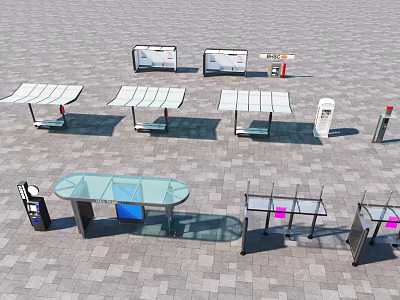 Modern Commercial Equipment With Bus Shelters Billboards And Information Kiosks 3d model
