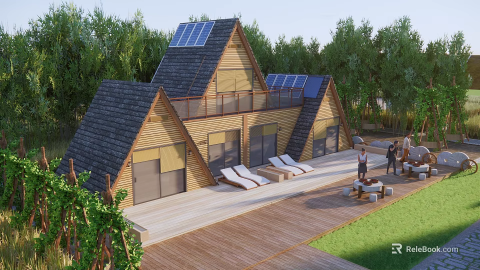Modern Wooden Restaurant With Solar Panel Roof And Outdoor Deck Sun Loungers Trees Around 3d model 