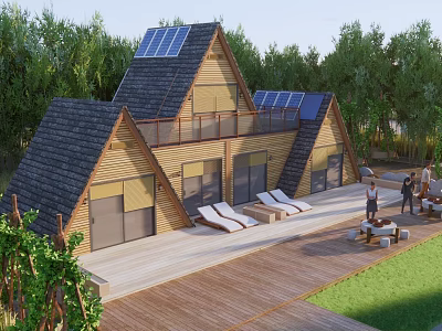 Modern Wooden Restaurant With Solar Panel Roof And Outdoor Deck Sun Loungers Trees Around 3d model