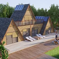 Modern Wooden Restaurant With Solar Panel Roof And Outdoor Deck Sun Loungers Trees Around