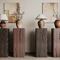 Rustic Decorative Ornament Combination with Wooden Pedestals Table Lamps Ceramic Vases Dried Branches and Wall Art