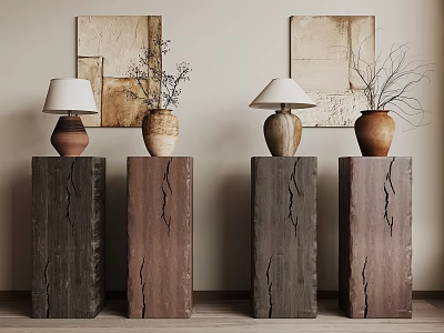 Rustic Decorative Ornament Combination with Wooden Pedestals Table Lamps Ceramic Vases Dried Branches and Wall Art 3d model