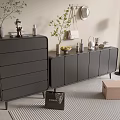 Modern Gray Chest of Drawers With Decorative Plants Side Cabinet and Striped Rug in Room