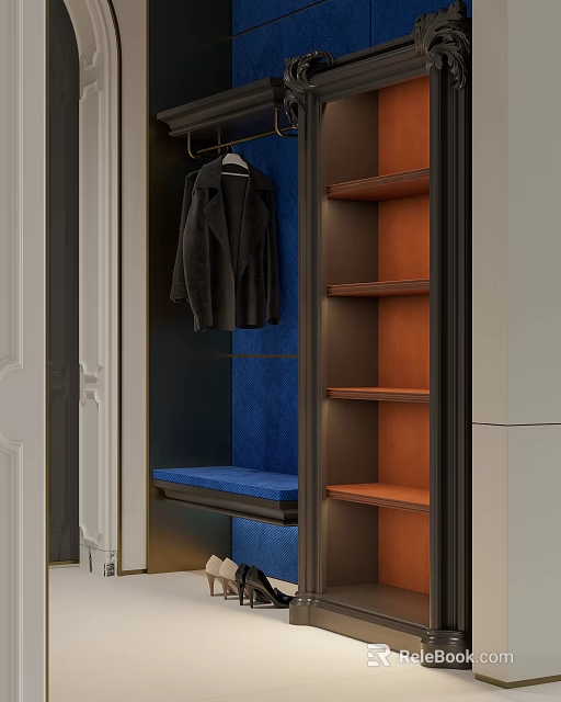 Stylish Wardrobe Design With Hanging Coat Area Wooden Shelves And Blue Upholstered Bench 3d model 