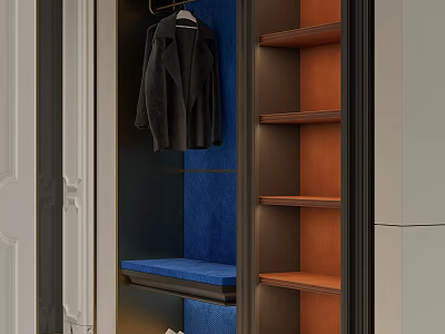 Stylish Wardrobe Design With Hanging Coat Area Wooden Shelves And Blue Upholstered Bench 3d model