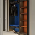 Stylish Wardrobe Design With Hanging Coat Area Wooden Shelves And Blue Upholstered Bench