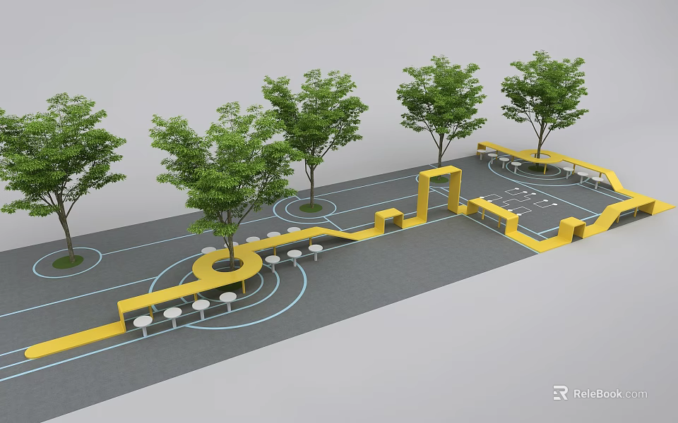 Outdoor Recreational Area With Yellow Structures Trees And Circular Seating Spaces 3d model