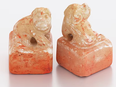 Two Decorative Lion Sculpture Carving with Square Base Light Brown and Red Veins Stone Artwork 3d model