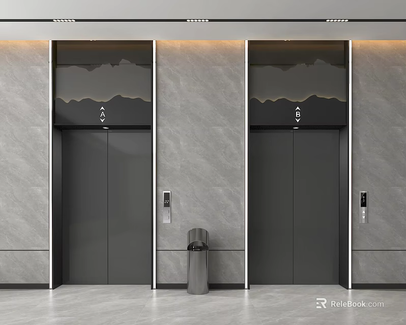 Public Facility Elevator Lobby With Two Elevators Marble Textured Walls And Trash Bin 3d model 