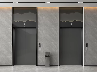 Public Facility Elevator Lobby With Two Elevators Marble Textured Walls And Trash Bin 3d model
