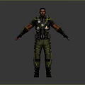 Game Film Character In Tactical Military Outfit With Black Green Armor And Yellow Accents