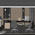 Modern Office Interior Design With Wooden Bookshelf Desk Chairs Computer And Green Plant