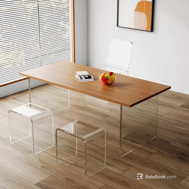 Modern Tea Table with Wooden Tabletop and Transparent Acrylic Chairs Window and Wooden Floor Background 3d model 