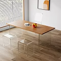 Modern Tea Table with Wooden Tabletop and Transparent Acrylic Chairs Window and Wooden Floor Background