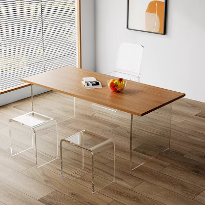 Modern Tea Table with Wooden Tabletop and Transparent Acrylic Chairs Window and Wooden Floor Background 3d model