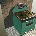 Vintage Green Kitchen Stove With Four Burners On Tiled Floor And Wall