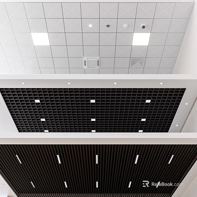 Modern Ceiling Design With Black Grid Pattern White Panels And Recessed Lights 3d model 