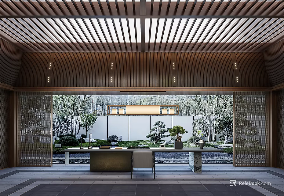 Traditional Tea Room Interior With Wooden Lattice Ceiling And Natural Courtyard Landscape View 3d model 
