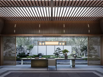 Traditional Tea Room Interior With Wooden Lattice Ceiling And Natural Courtyard Landscape View 3d model