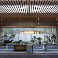 Traditional Tea Room Interior With Wooden Lattice Ceiling And Natural Courtyard Landscape View