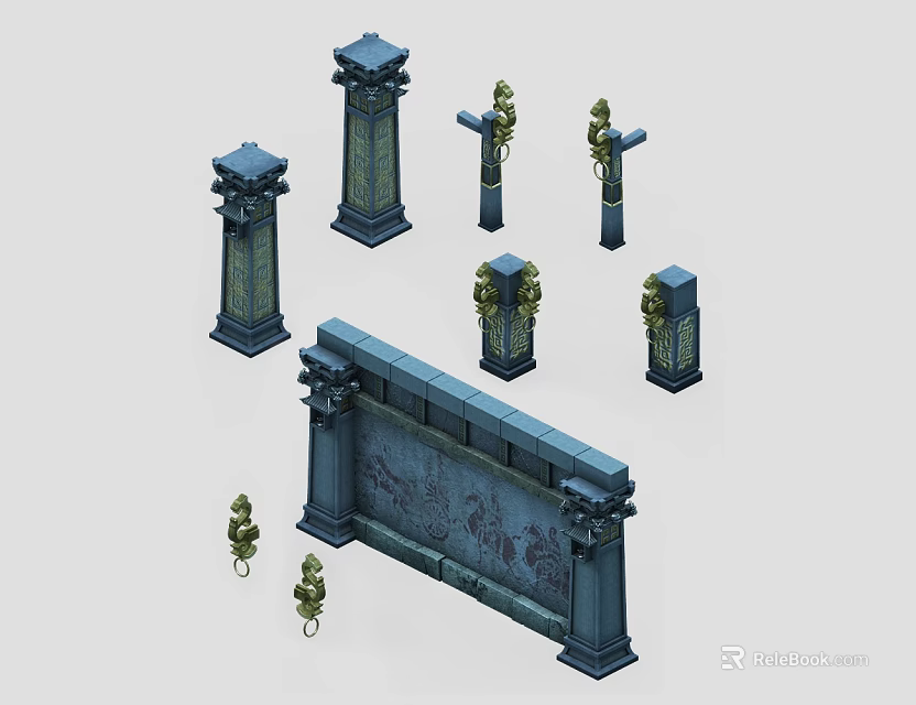 Various Elegant Traditional Stone Columns With Carved Patterns And Decorative Elements 3d model 