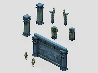 Various Elegant Traditional Stone Columns With Carved Patterns And Decorative Elements 3d model