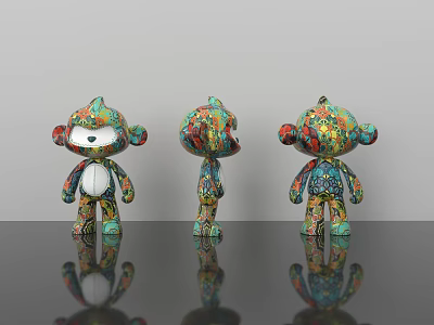 Decorative Ornament Set Of Three Colorful Monkey Figurines With Vibrant Patterns On 3d model