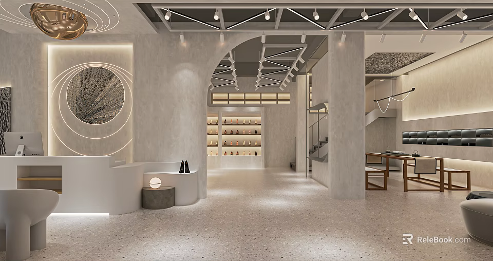 Modern Minimalist Boutique Interior With Curved Reception Desk And Wooden Display Shelves 3d model 