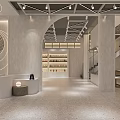 Modern Minimalist Boutique Interior With Curved Reception Desk And Wooden Display Shelves