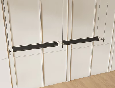 Black Long Pendant Lights Hanging Against White Paneled Wall With Wooden Floor 3d model