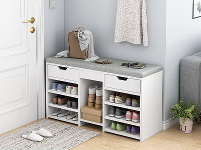 Modern White Shoe Cabinet With Multiple Compartments And Top Storage In Entryway 3d model