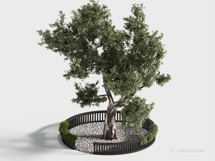 Lush Leafy Tree With Brown Trunk Black Fence Gravel And Green Shrubs 3d model 
