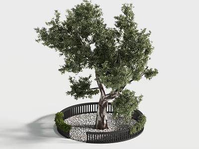 Lush Leafy Tree With Brown Trunk Black Fence Gravel And Green Shrubs 3d model