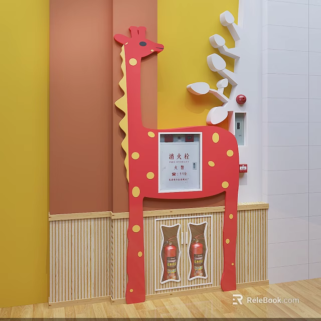 Kindergarten Interior With Red Giraffe Decor Yellow Dots White Leaf Fire Hydrant Sign And Fire Extinguishers 3d model