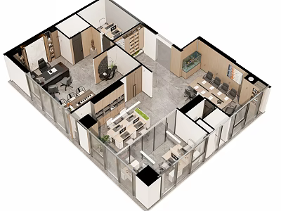 Modern Office Layout Design With Workstations Meeting Room Desks Chairs Cabinets And Green Plants 3d model