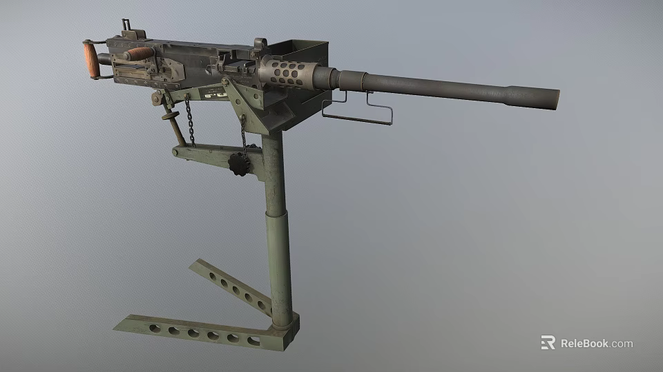 Green Military Heavy Machine Gun With Tripod Stand Barrel And Ammunition Belt 3d model 