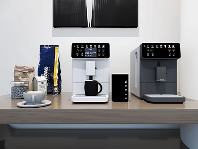 Modern Coffee Machines On Kitchen Countertop With Coffee Bags Cup Saucer And Black White Painting 3d model