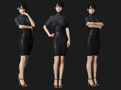 Woman in Stylish Black Leather Dress With Black High Heels Posing in Different Poses 3d model