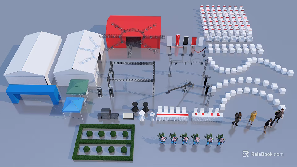 Outdoor Stage Setup With Framework Lighting Equipment Seats Tents And Green Plants 3d model